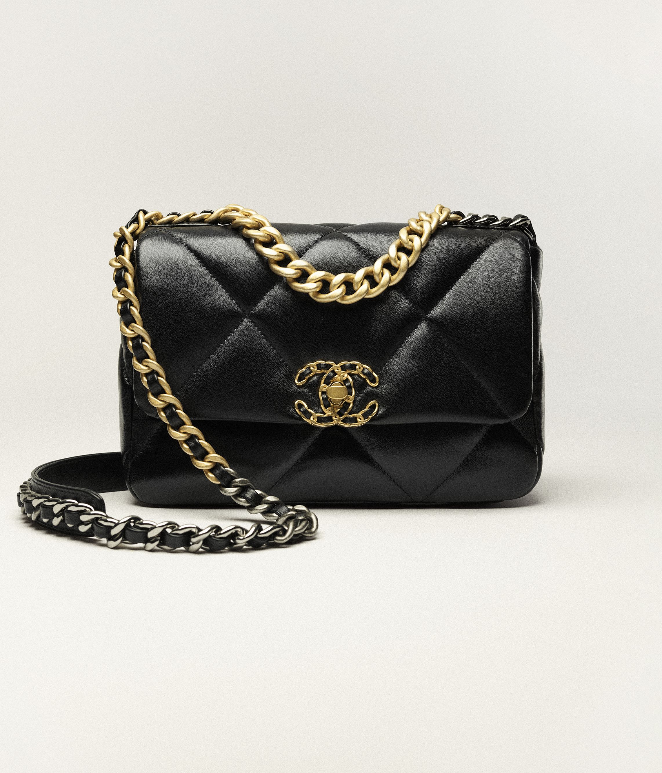 Chanel 19 handbag, Shiny lambskin, gold-tone, silver-tone Chanel 19 handbag, Shiny lambskin, gold-tone, silver-tone