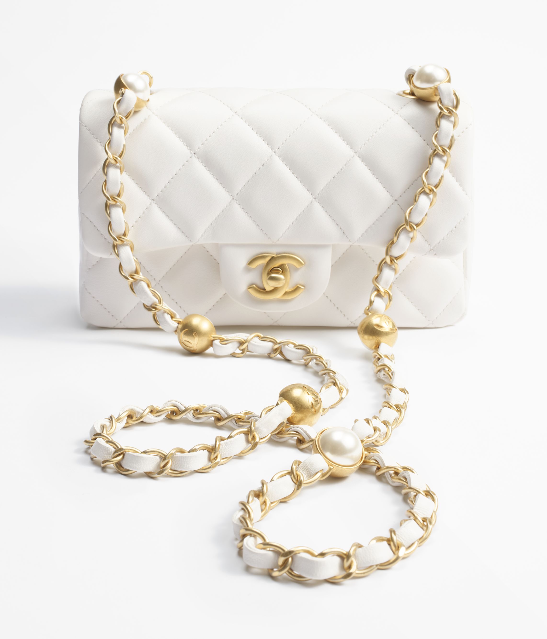 Mini flap bag Shiny lambskin imitation pearls gold tone metal white Fashion CHANEL