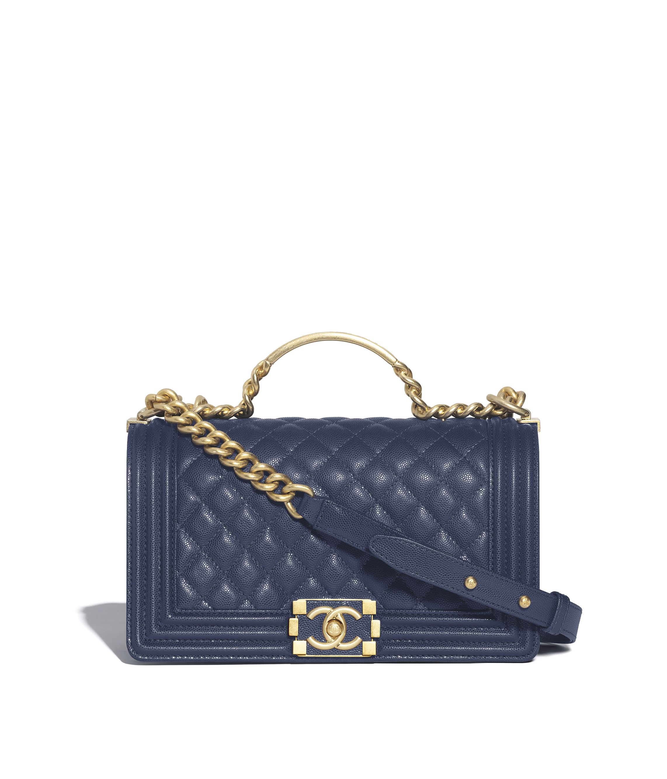 Boy chanel flap bag with handle Grained shiny calfskin gold tone metal dark blue Fashion CHANEL