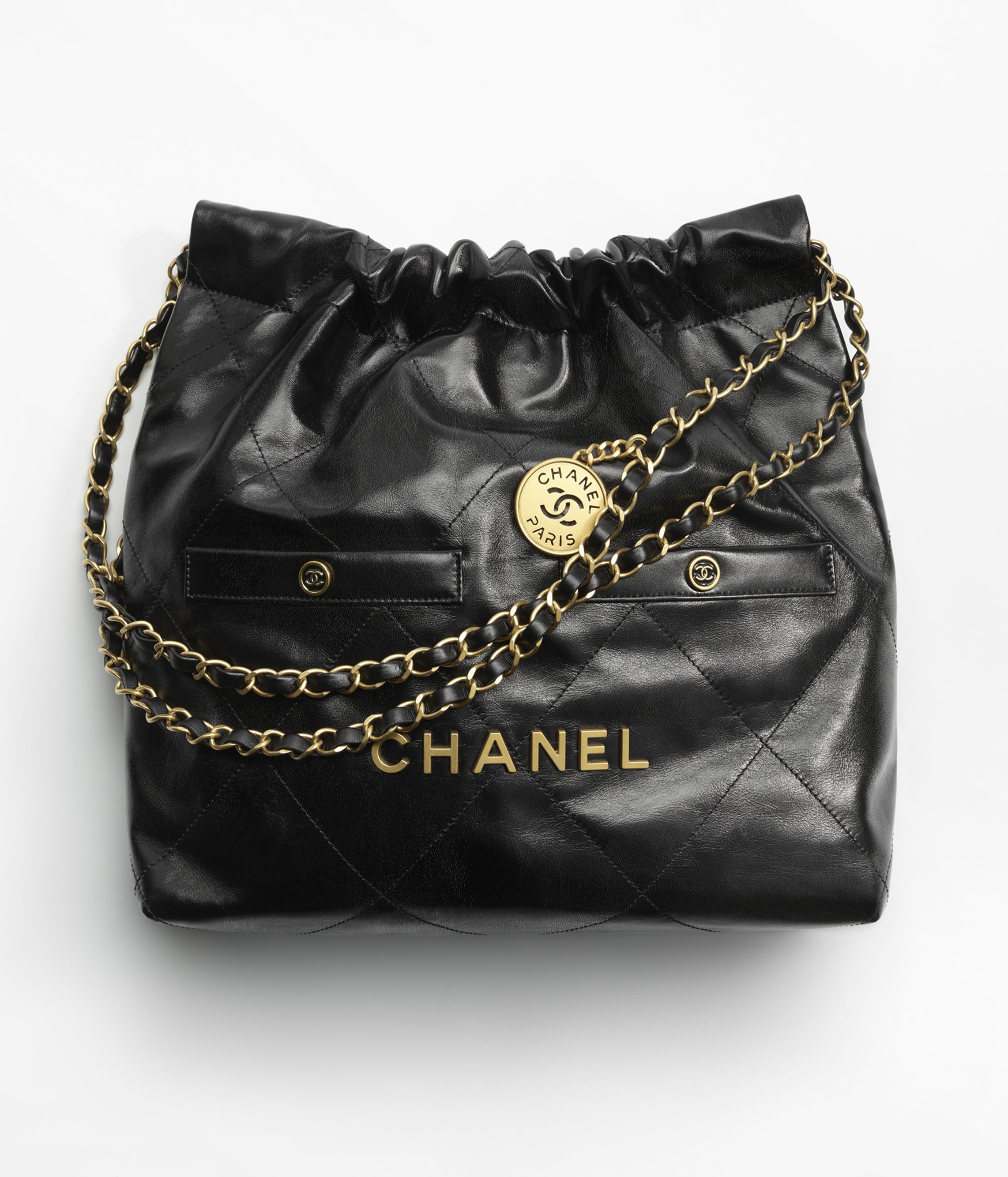 Chanel 22 small handbag Shiny crumpled calfskin gold tone metal black Fashion CHANEL