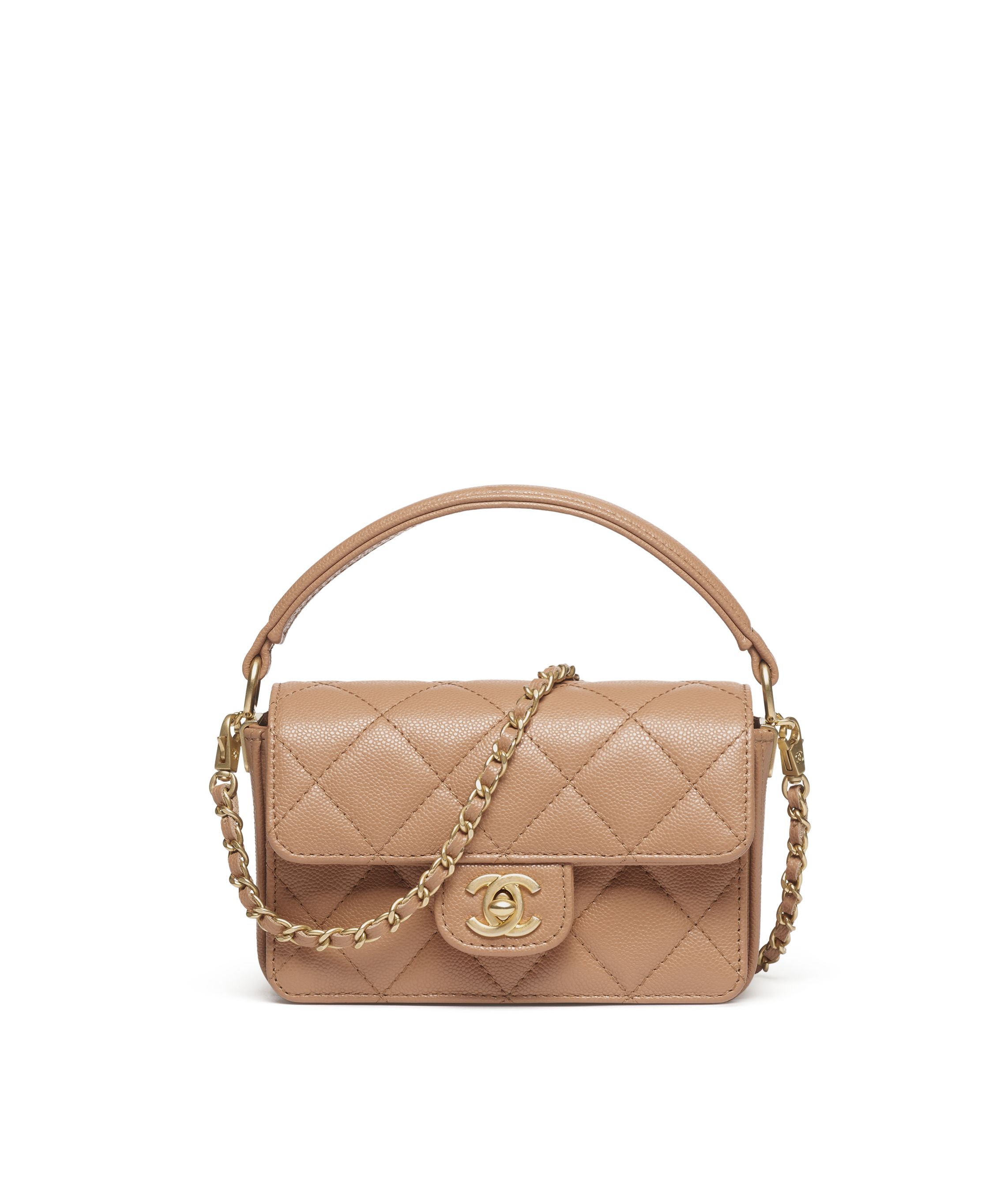 Mini flap bag with top handle Grained shiny calfskin gold tone metal camel Fashion CHANEL