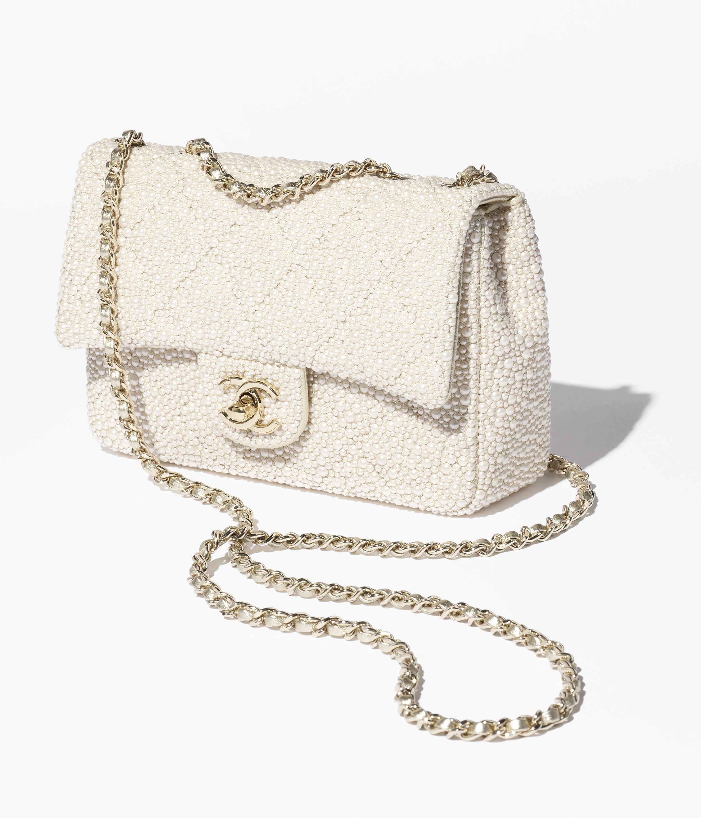 Evening bag, Imitation pearls & gold-tone metal, white