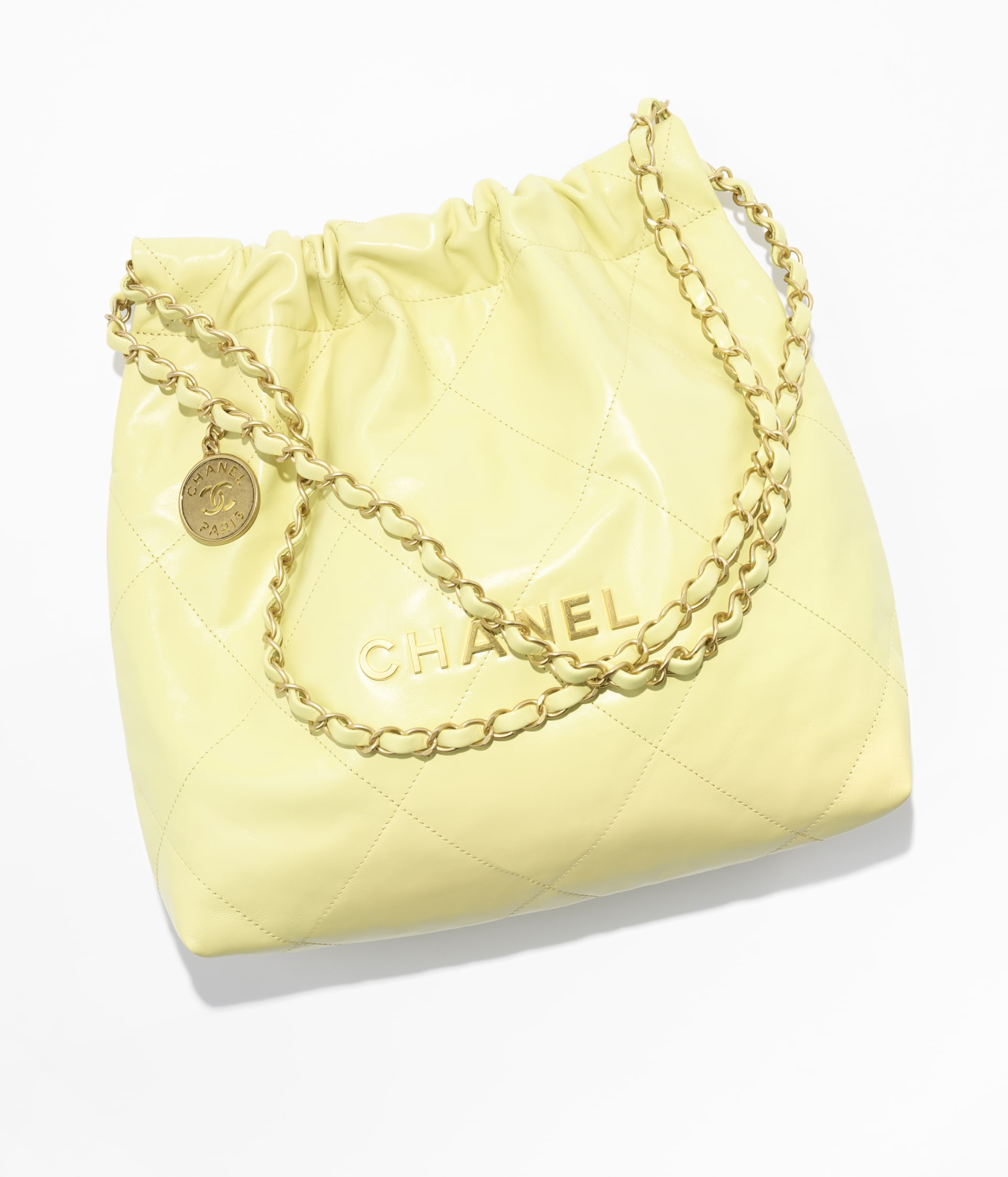Maxi hobo bag, Pearly calfskin & gold-tone metal, yellow — Fashion Maxi hobo bag, Pearly calfskin & gold-tone metal, yellow — Fashion