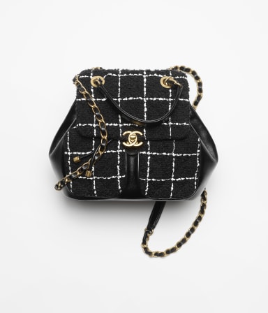 Backpack, Wool tweed, lambski & gold-tone metal, black & white — Fashion | CHANEL