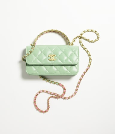 Flap phone holder with chain - Shiny calfskin & gold-tone metal , light green — Fashion | CHANEL
