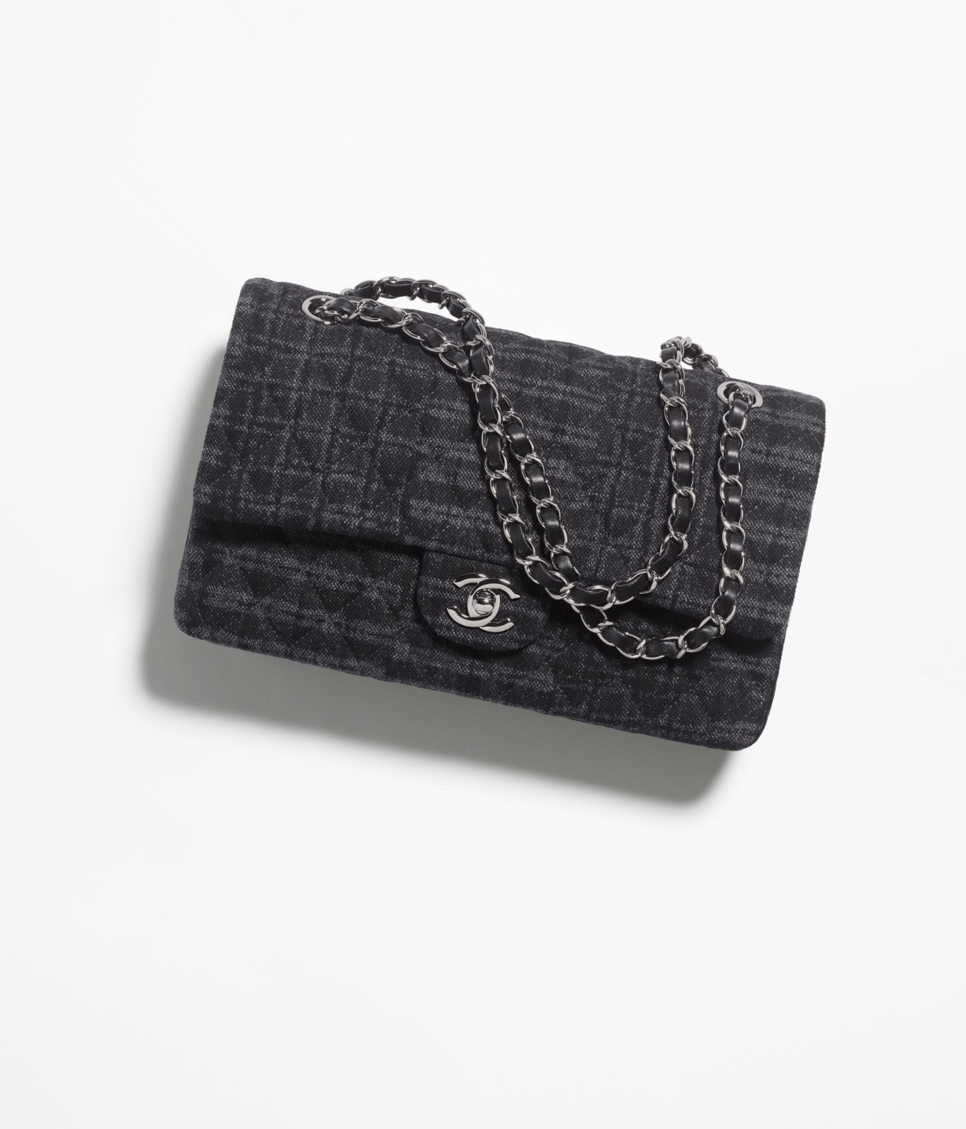 Klassieke 11.12 tas Geprint denim ruthenium finish metaal zwart grijs Mode CHANEL