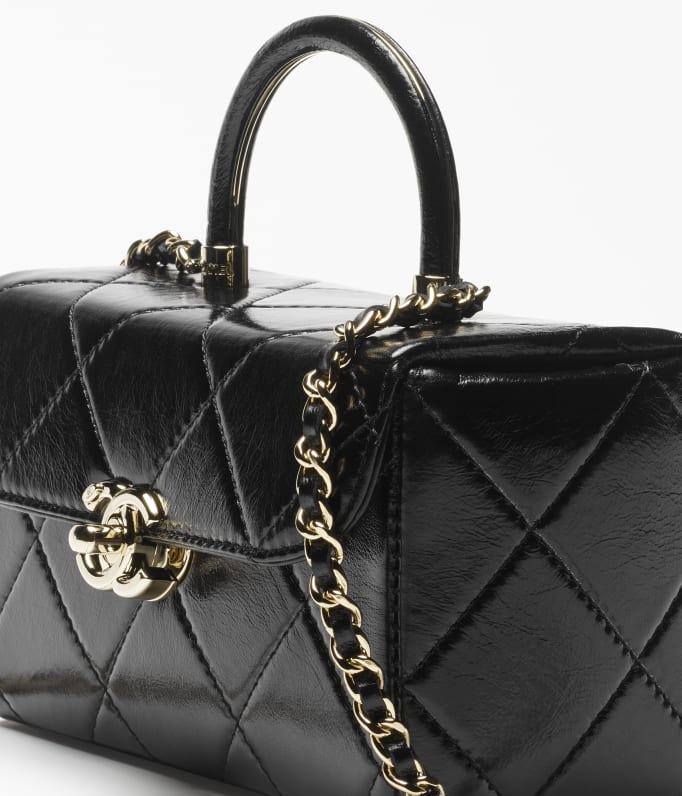 Mini box bag, Shiny calfskin & gold-tone metal , black — Fashion