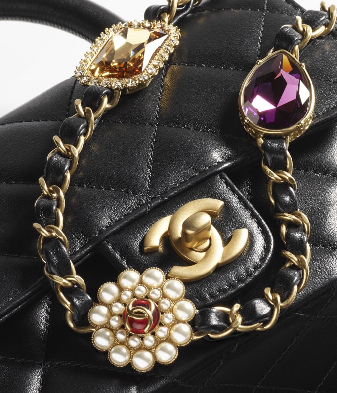 Mini flap bag with top handle Lambskin bijoux chain gold tone metal black Fashion CHANEL