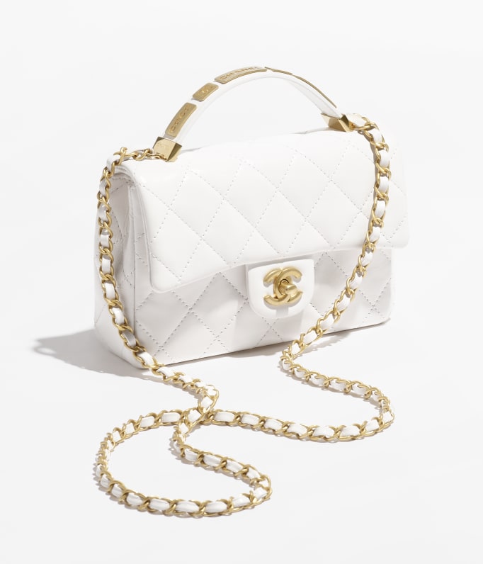 Small flap bag with top handle Calfskin gold tone metal white