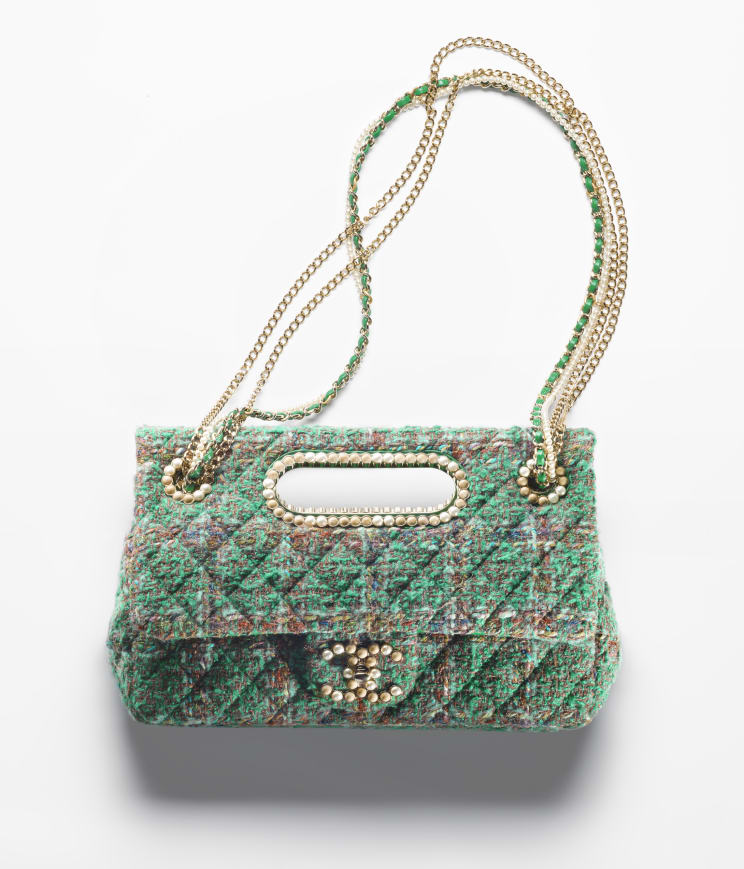 Large Flap Bag With Top Handle, Wool And Silk Tweed, Glass And Wooden Pearls  & Gold-Tone Metal, Dark Green, Brown, Blue & Green — Fashion | Chanel