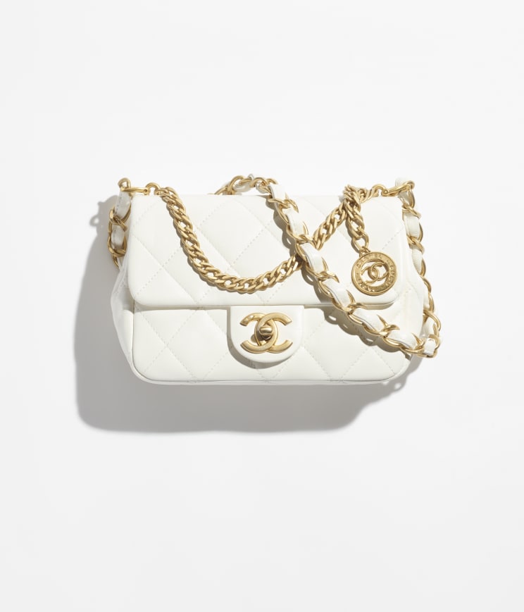 Small flap bag, Lambskin gold-tone metal, white — Fashion | CHANEL