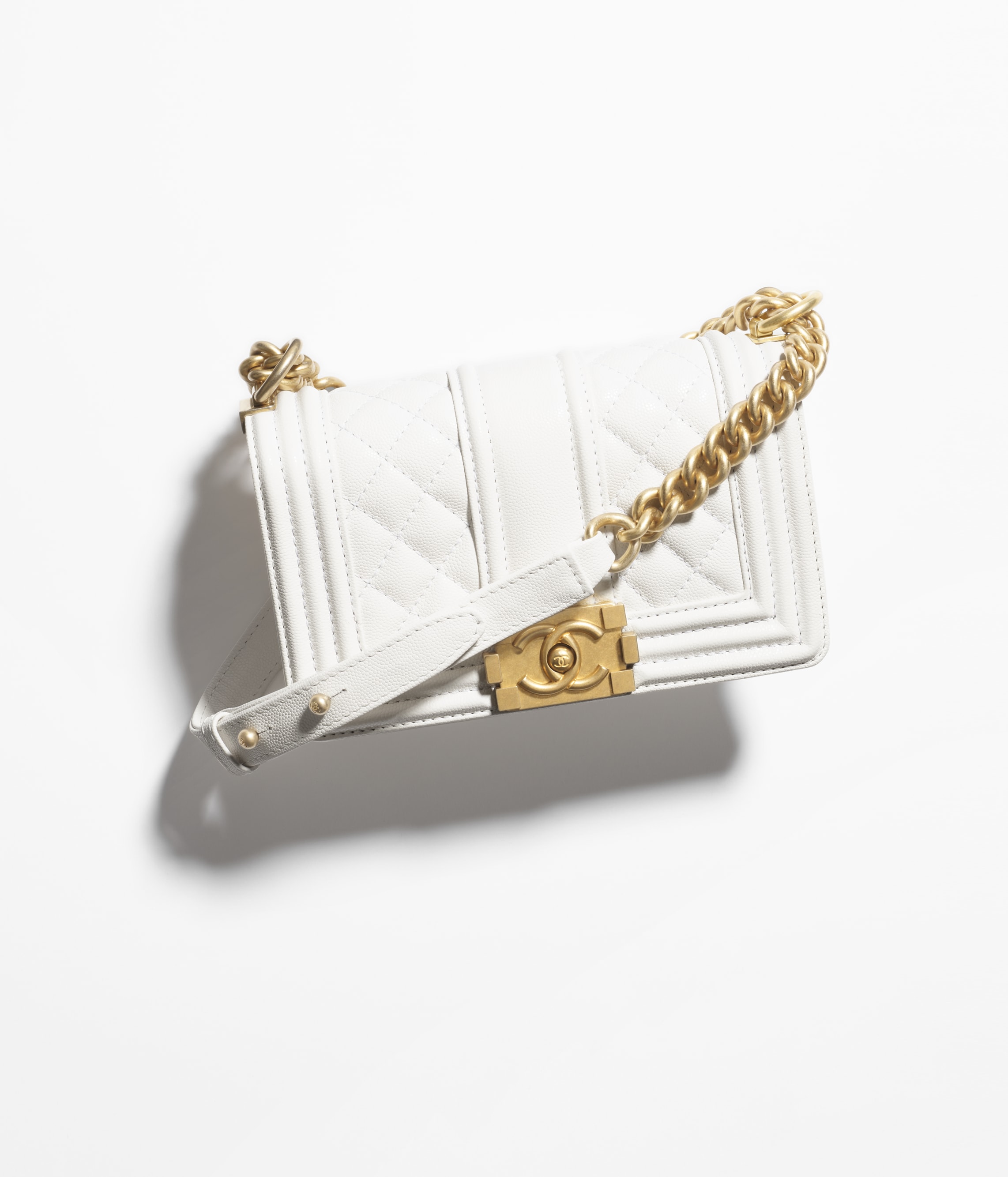 Small boy chanel handbag Grained shiny calfskin gold tone metal white Fashion CHANEL