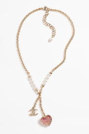 Anhengshalskjede Metall, glassperler og strass, Gull, perlehvit, rosa og krystall Ref. ABA393 B10533 NN151