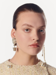 Boucles d'oreilles pendantes clip Métal, strass, perles de verre & perles d'imitation, Doré, cristal & blanc nacré Ref. ABA572 B10750 NN572