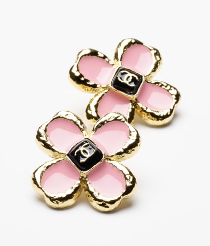 Pink and Clear Strass CC Heart Gold Metal Earrings, 2023