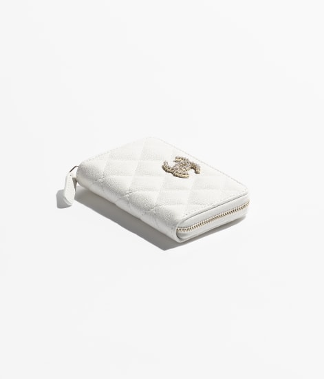 Zipped Coin Purse Shiny Grained Calfskin, Strass & Gold-Tone Metal White - reference: AP4560B1292810601