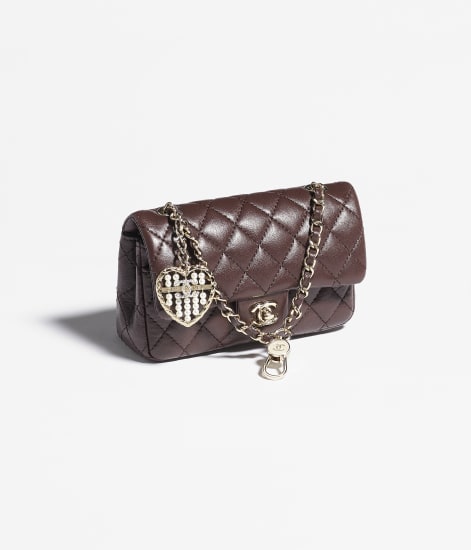 Mini sac classique avec mousqueton Agneau & métal doré Marron foncé - référence: AP4760B21221U1115