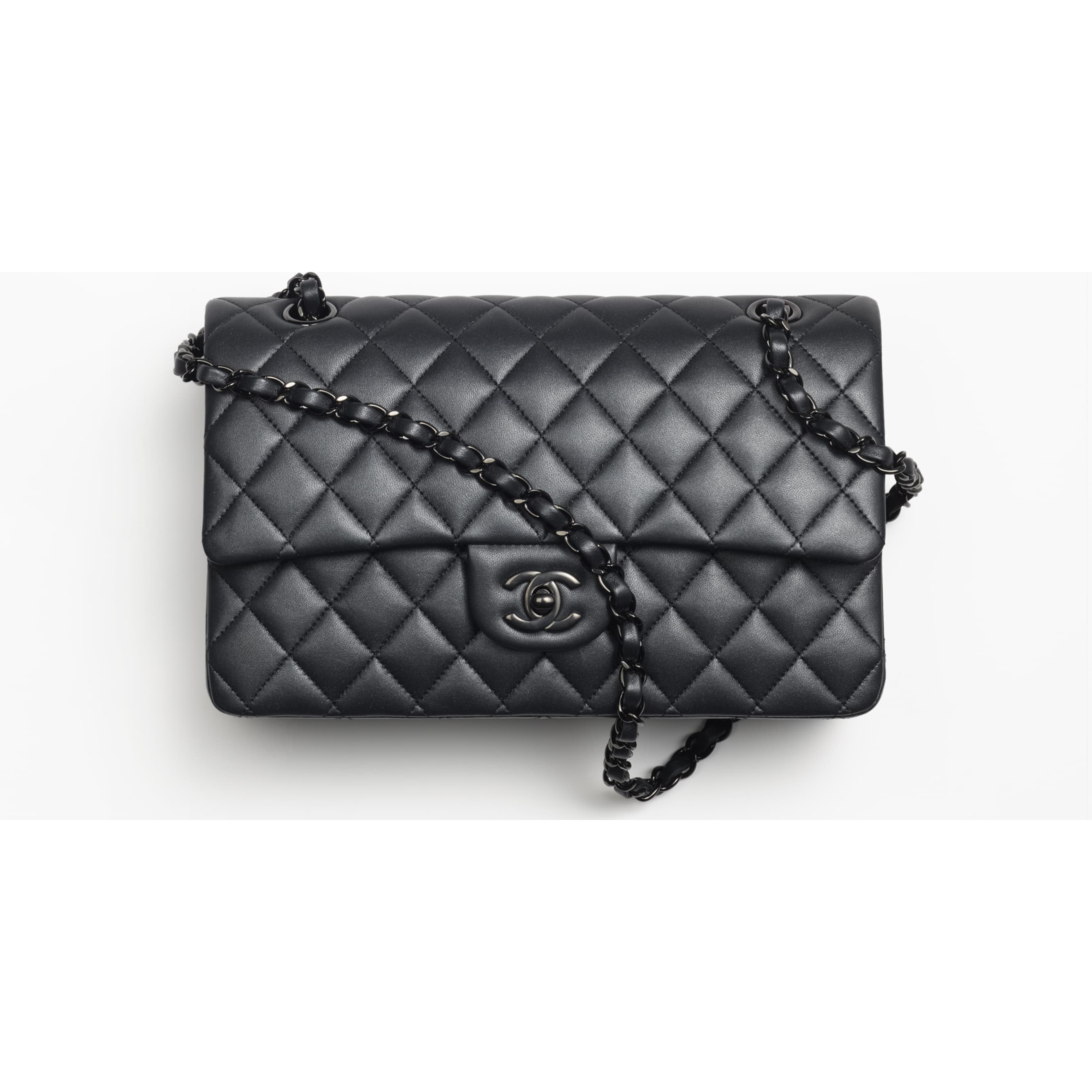 Classic handbag, Pearly lambskin & black-tone metal, black — Fashion