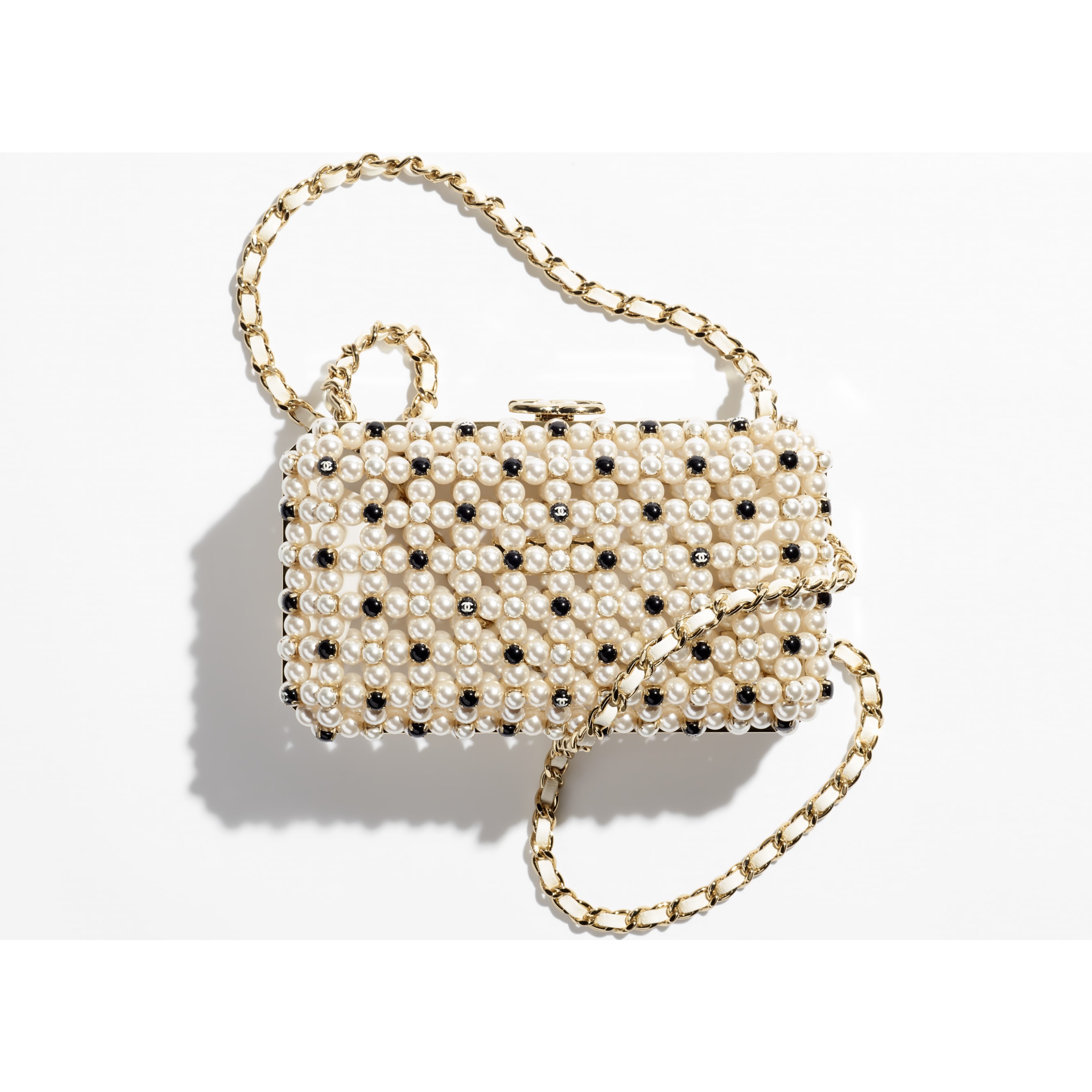 Večerní kabelka Glass Pearls & Gold-Tone Metal Bílá a černá - packshot artistique vue1
