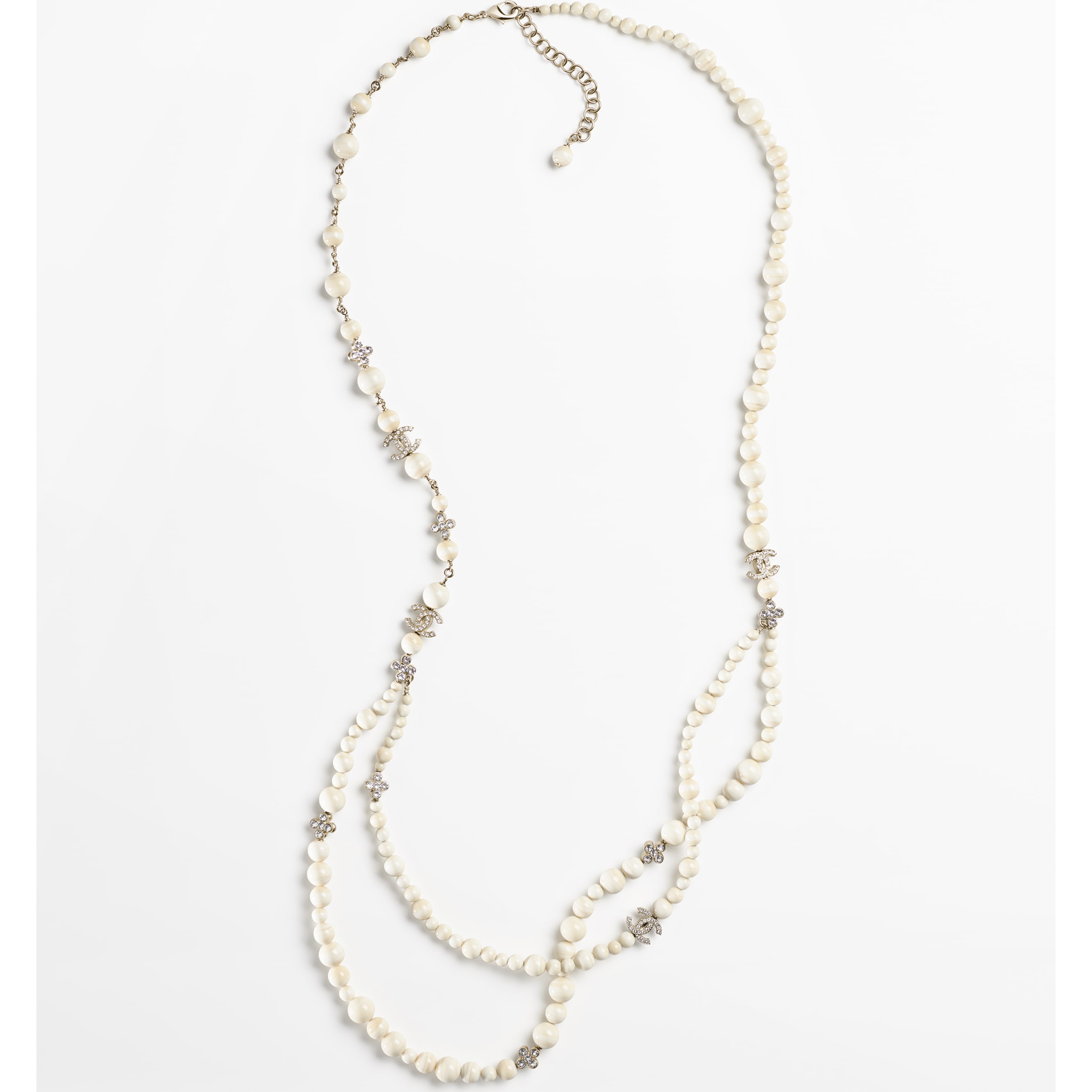Sautoir Métal, perles de verre & strass Doré, beige & cristal - packshot artistique vue1
