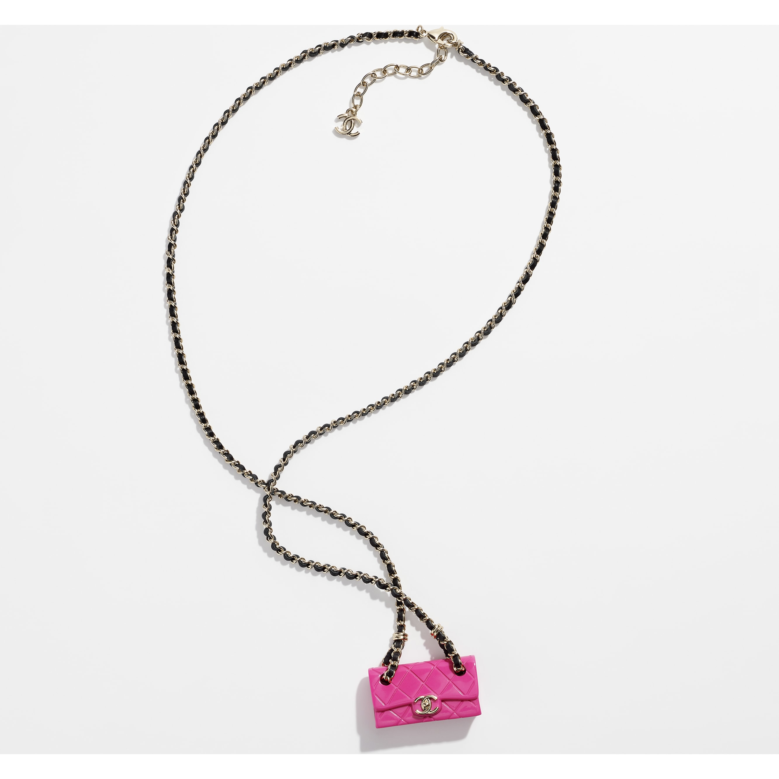 Långt halsband Metall, harts och kalvskinn Golden, Pink & Black - packshot artistique vue1