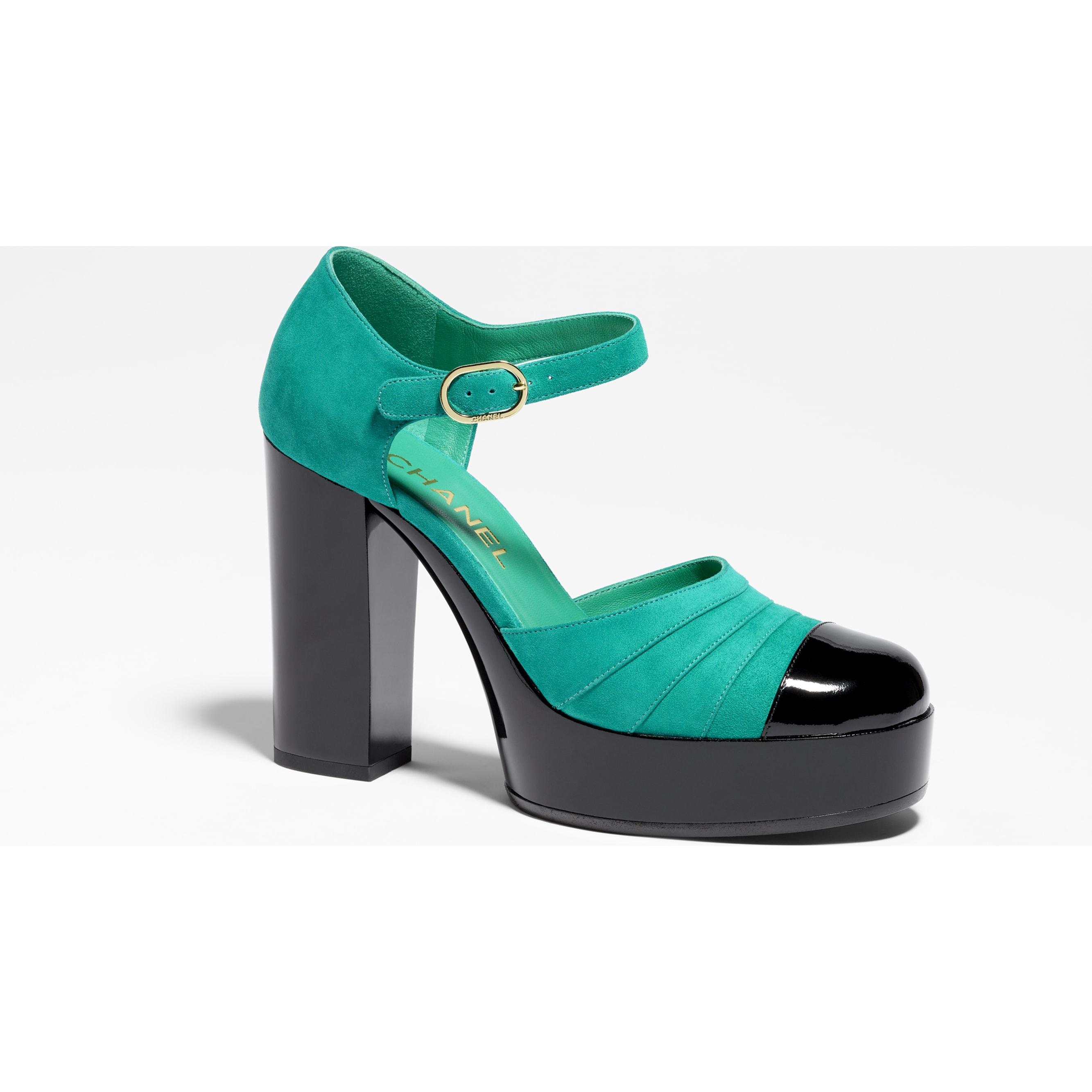 Open Shoes Suede Kidskin & Patent Calfskin Green & Black - packshot artistique vue1
