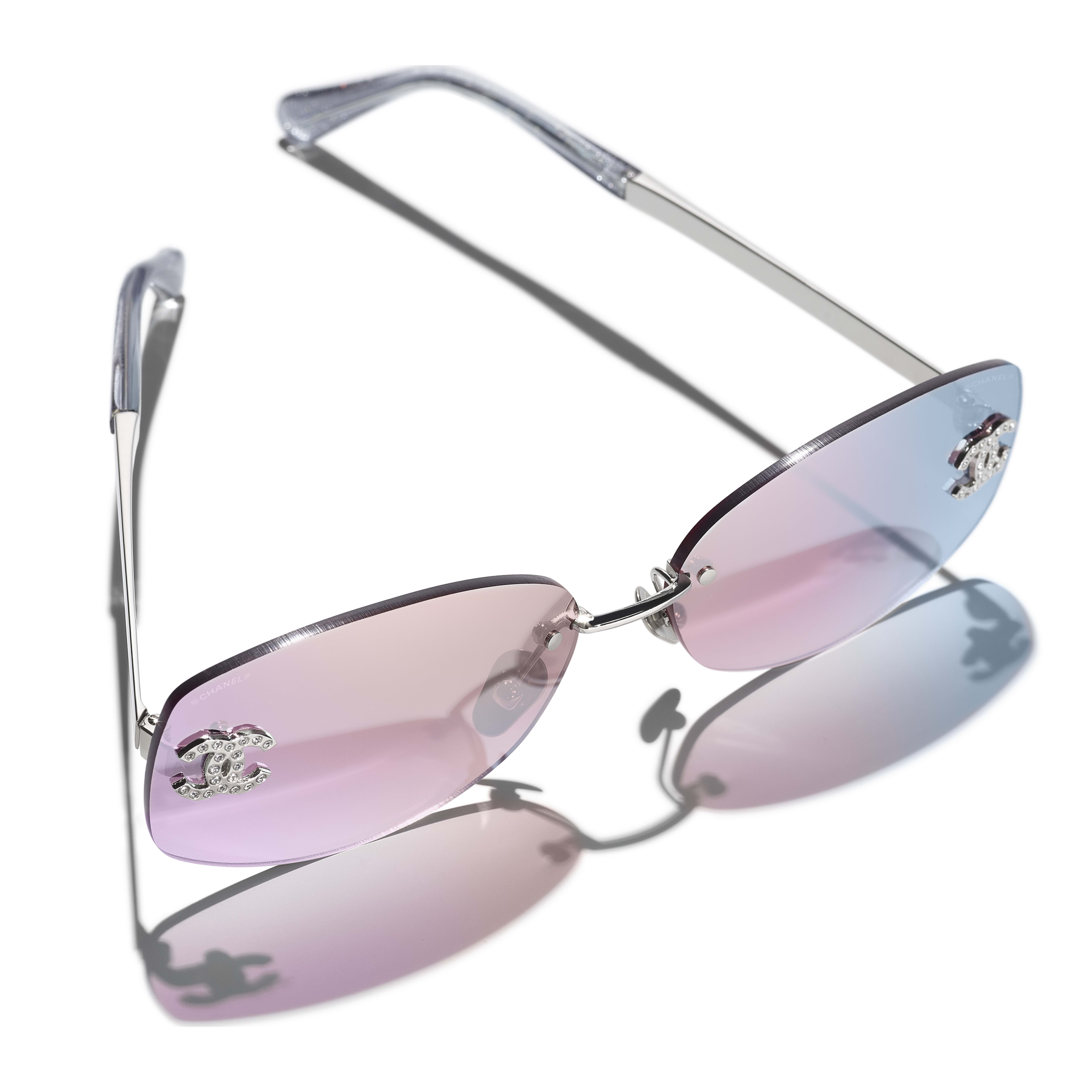 CHANEL Purple Lens Silver Rimless Frame CC Logo Sunglasses 4002