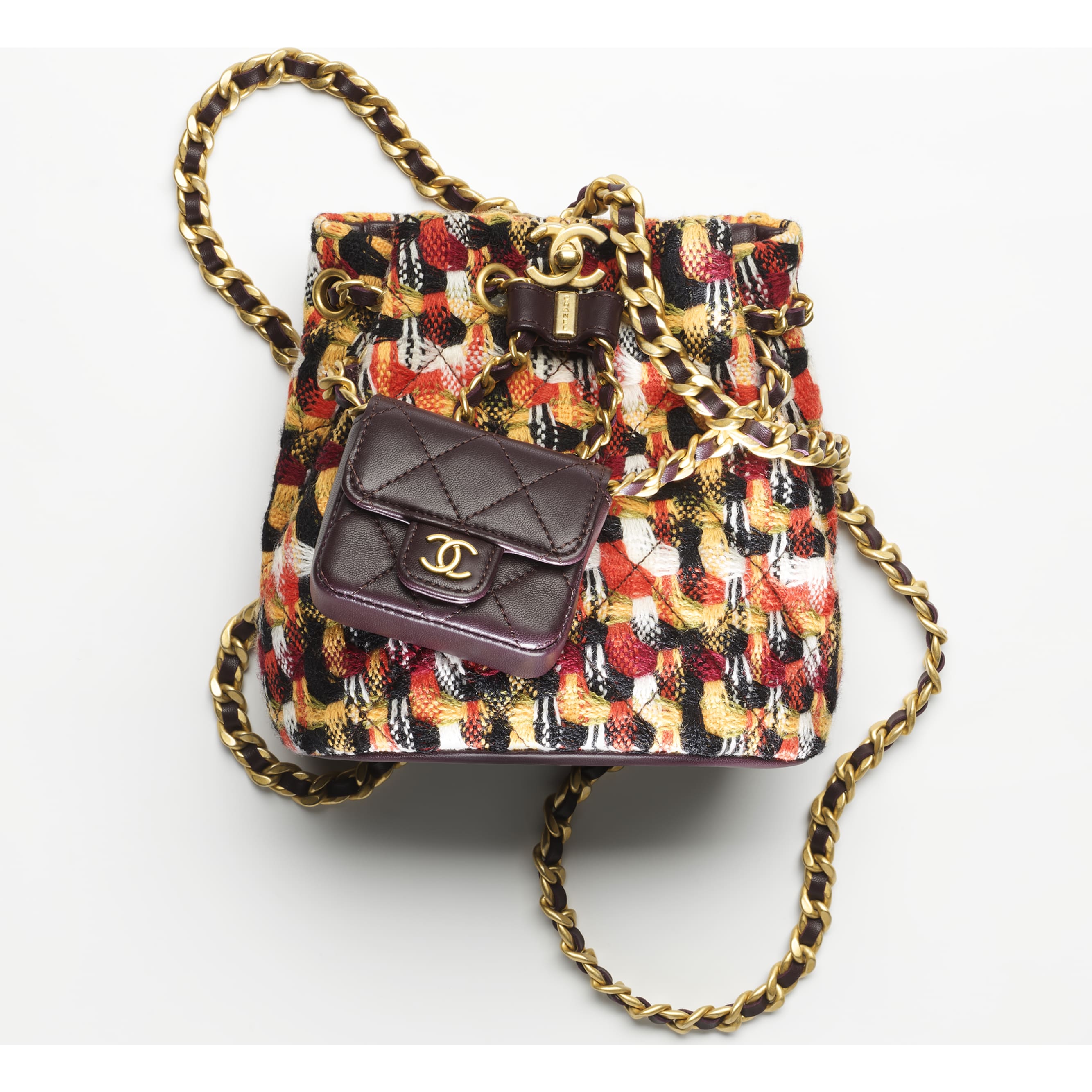 Small Backpack Wool Tweed, Lambski & Gold-Tone Metal Orange, Black, White & Multicolor - packshot artistique vue1
