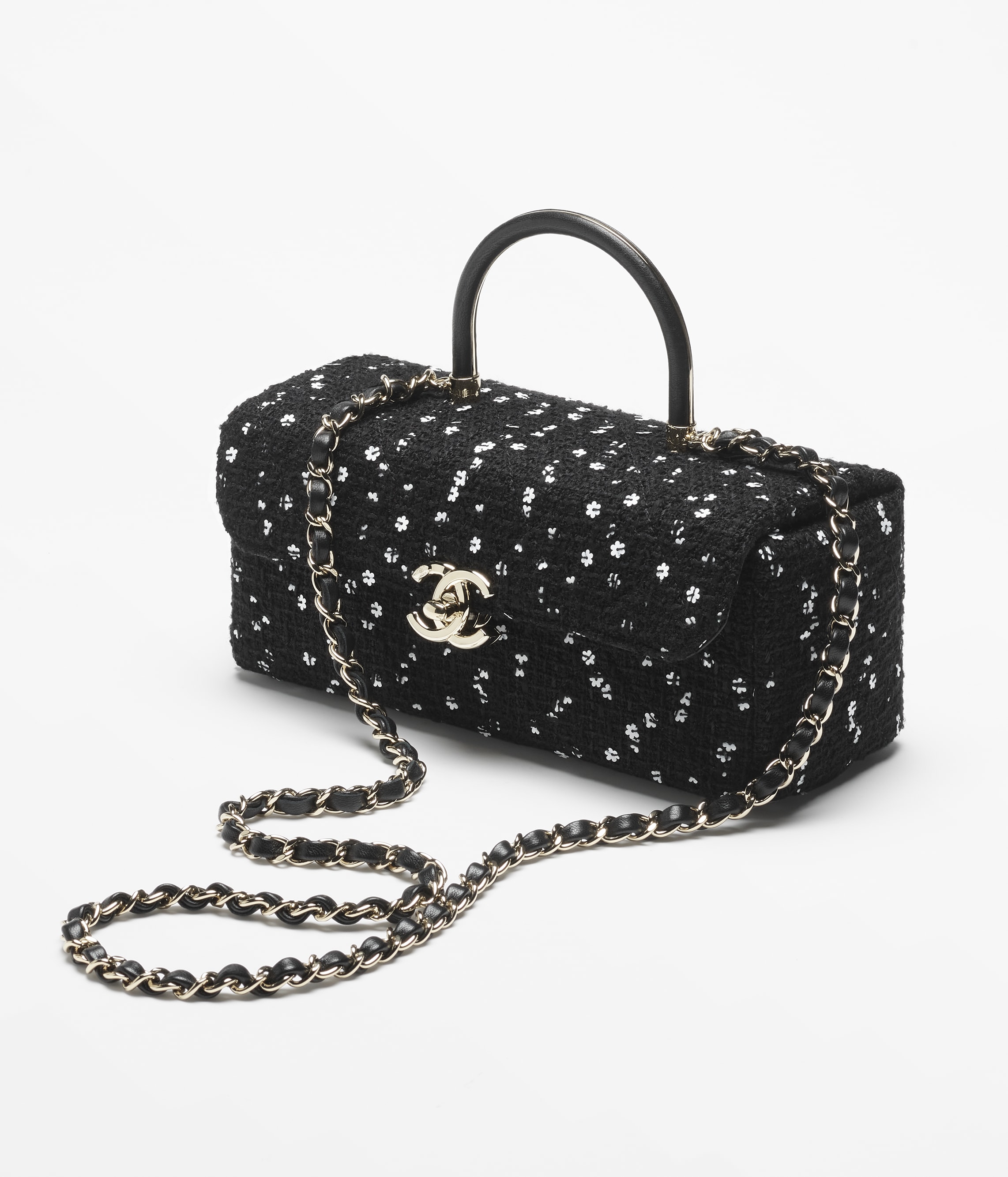 Box bag, Tweed, sequins & gold-tone metal, black & white — Fashion | CHANEL