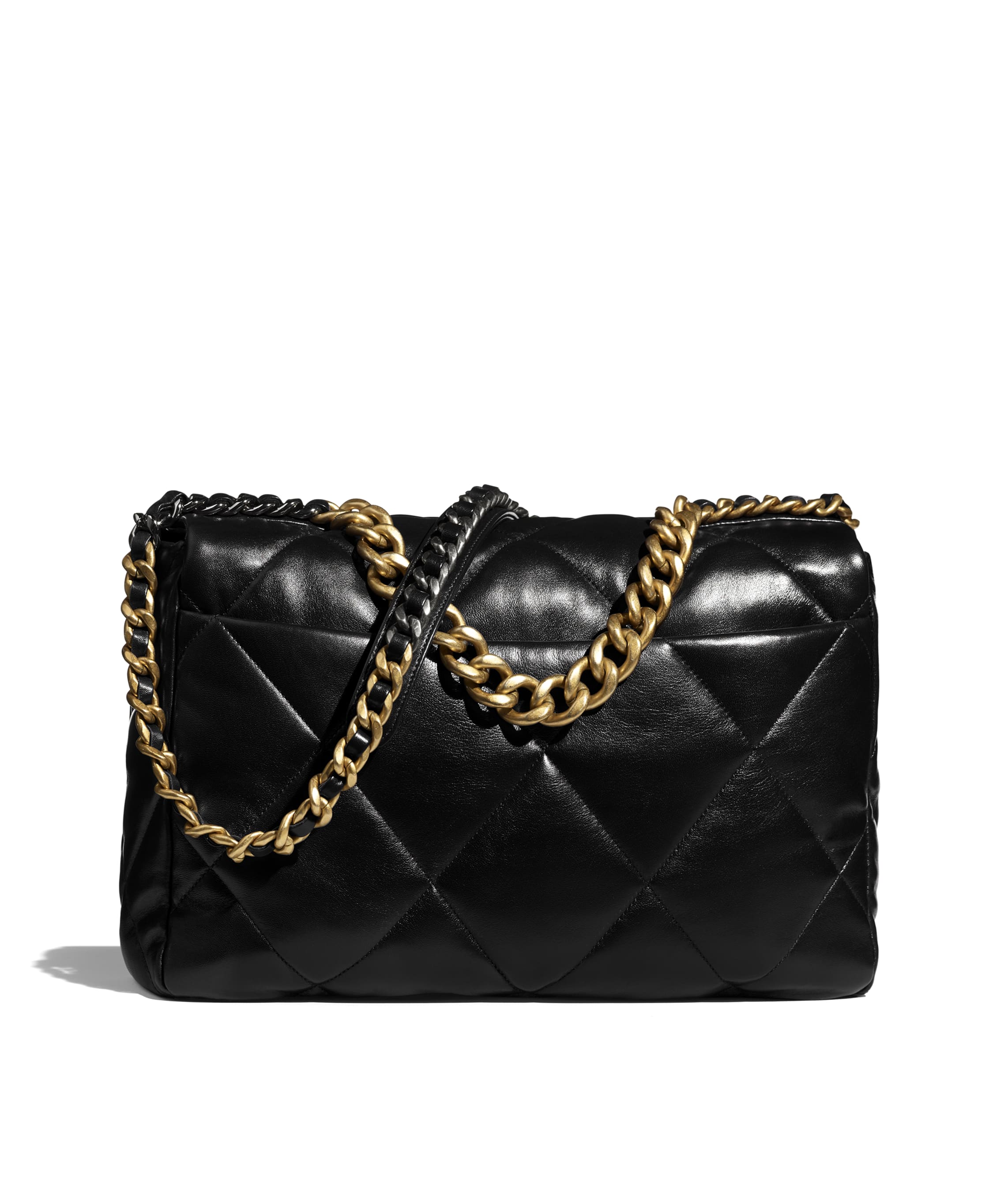 Chanel 19 maxi handbag, Shiny lambskin, gold-tone, silver-tone &  ruthenium-finish metal, black — Fashion | CHANEL