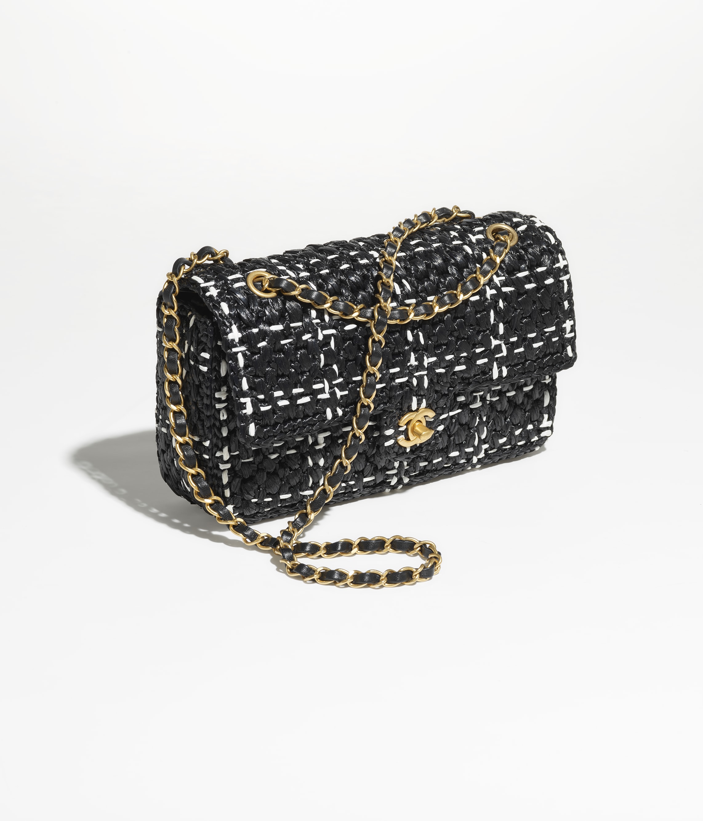 Flap Bag, Raffia Effect Braided Tweed & Gold-Tone Metal, Black & White —  Fashion | Chanel
