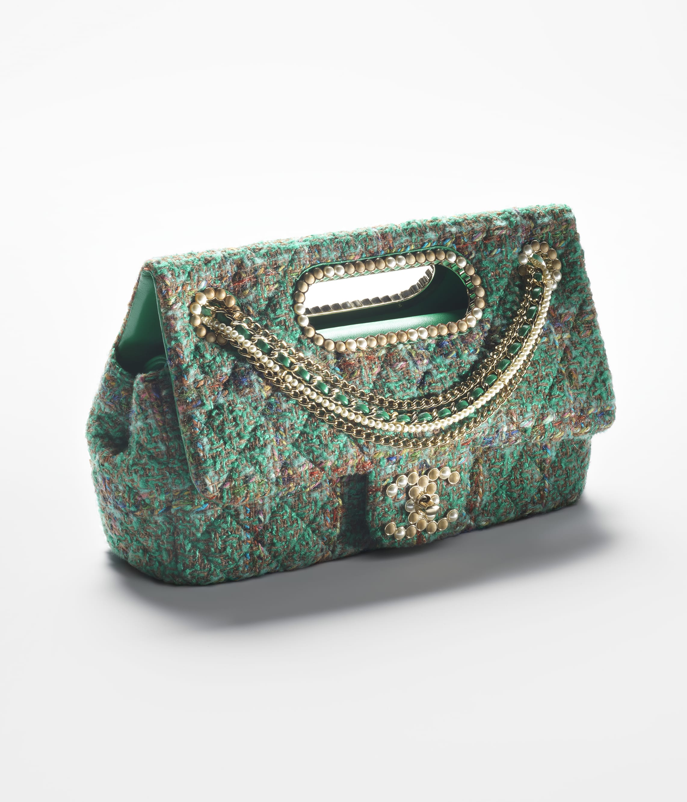 Large flap bag with top handle, Wool and silk tweed, glass and wooden  pearls & gold-tone metal, dark green, brown, blue & green — Fashion