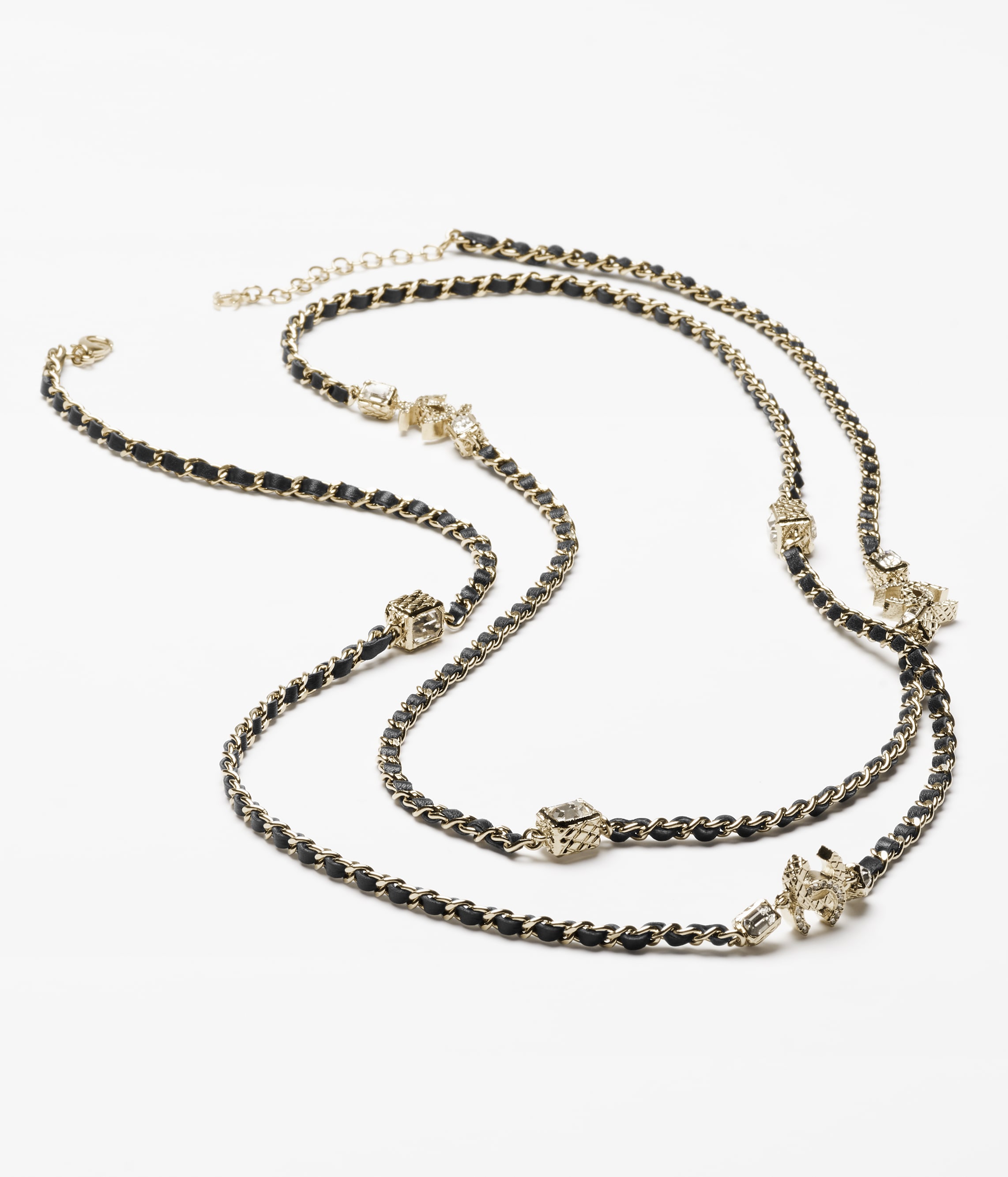 Long necklace - Metal, calfskin & strass, gold, black & crystal ...