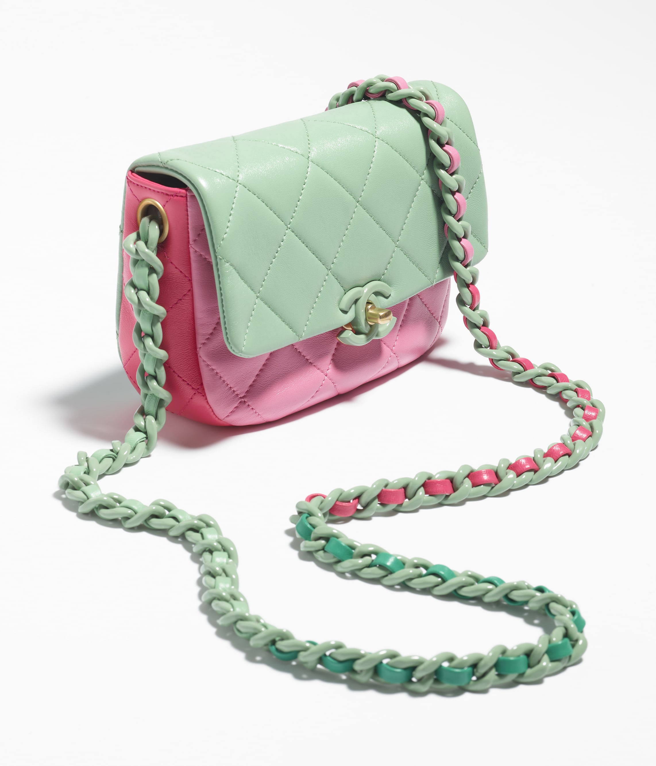 Mini flap bag, Shiny & lacquered metal, light green, light pink, pink & green — Fashion CHANEL