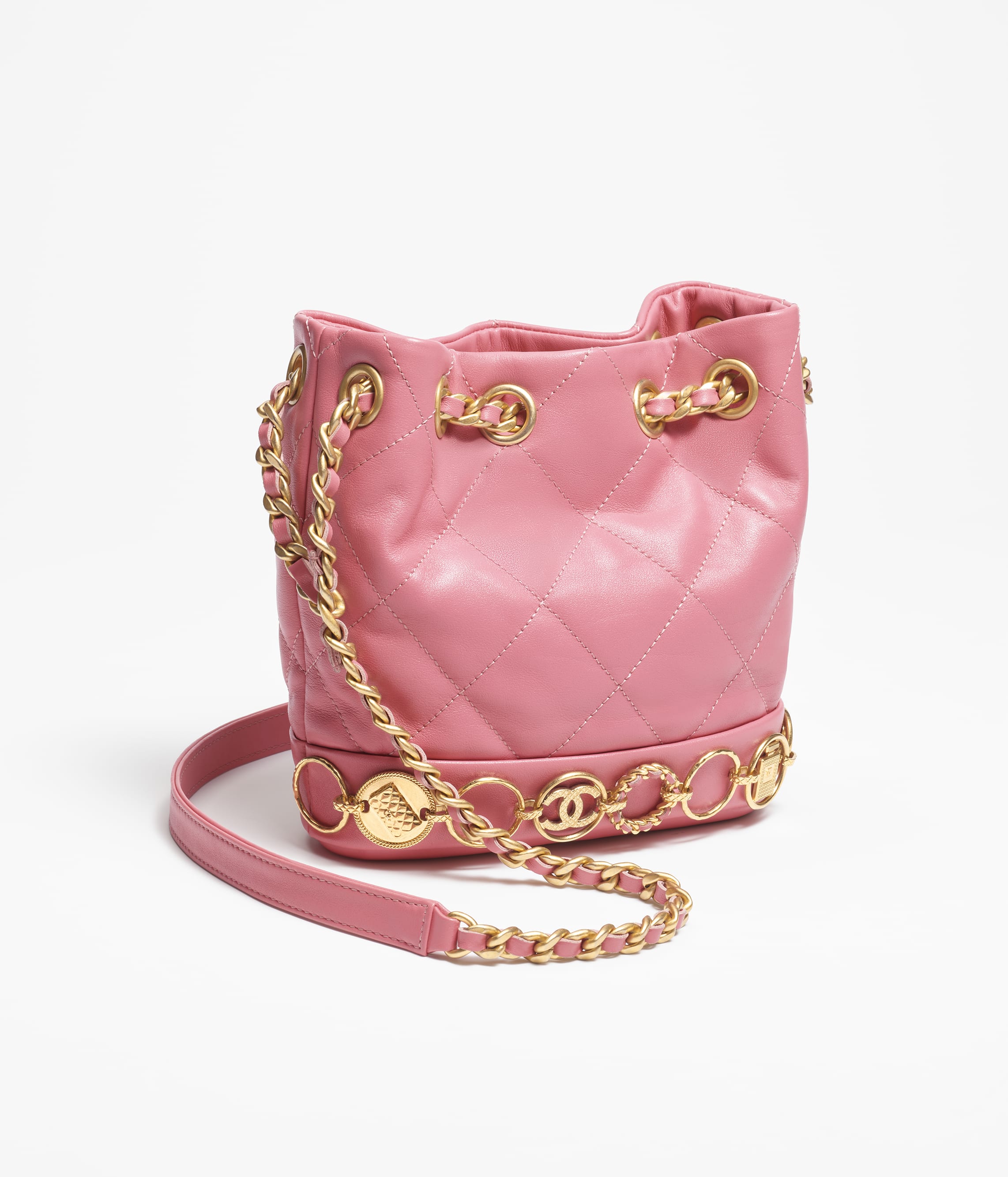 Small bucket bag, Calfskin & gold-tone metal, pink — Fashion | CHANEL