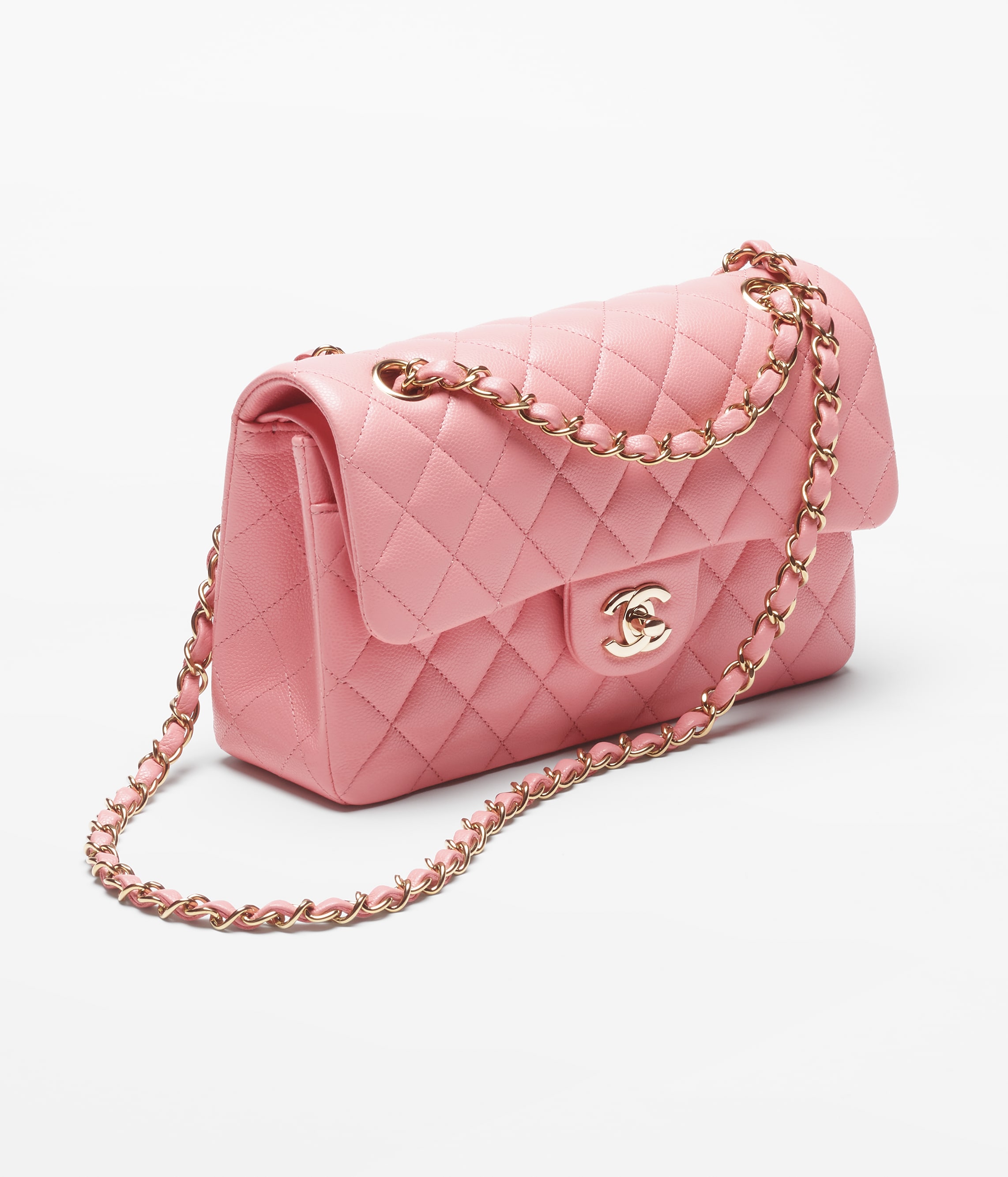 Small classic handbag, Grained shiny calfskin & gold-tone metal, coral pink  — Fashion | CHANEL