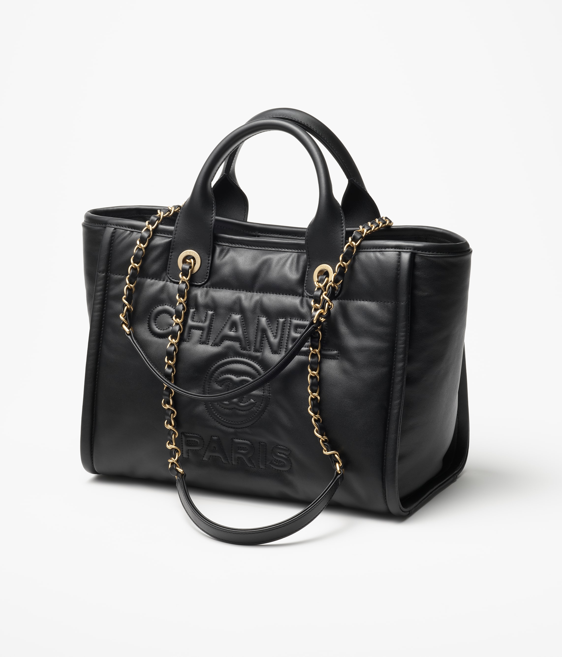 Small shopping bag, Calfskin & gold-tone metal, black — Fashion