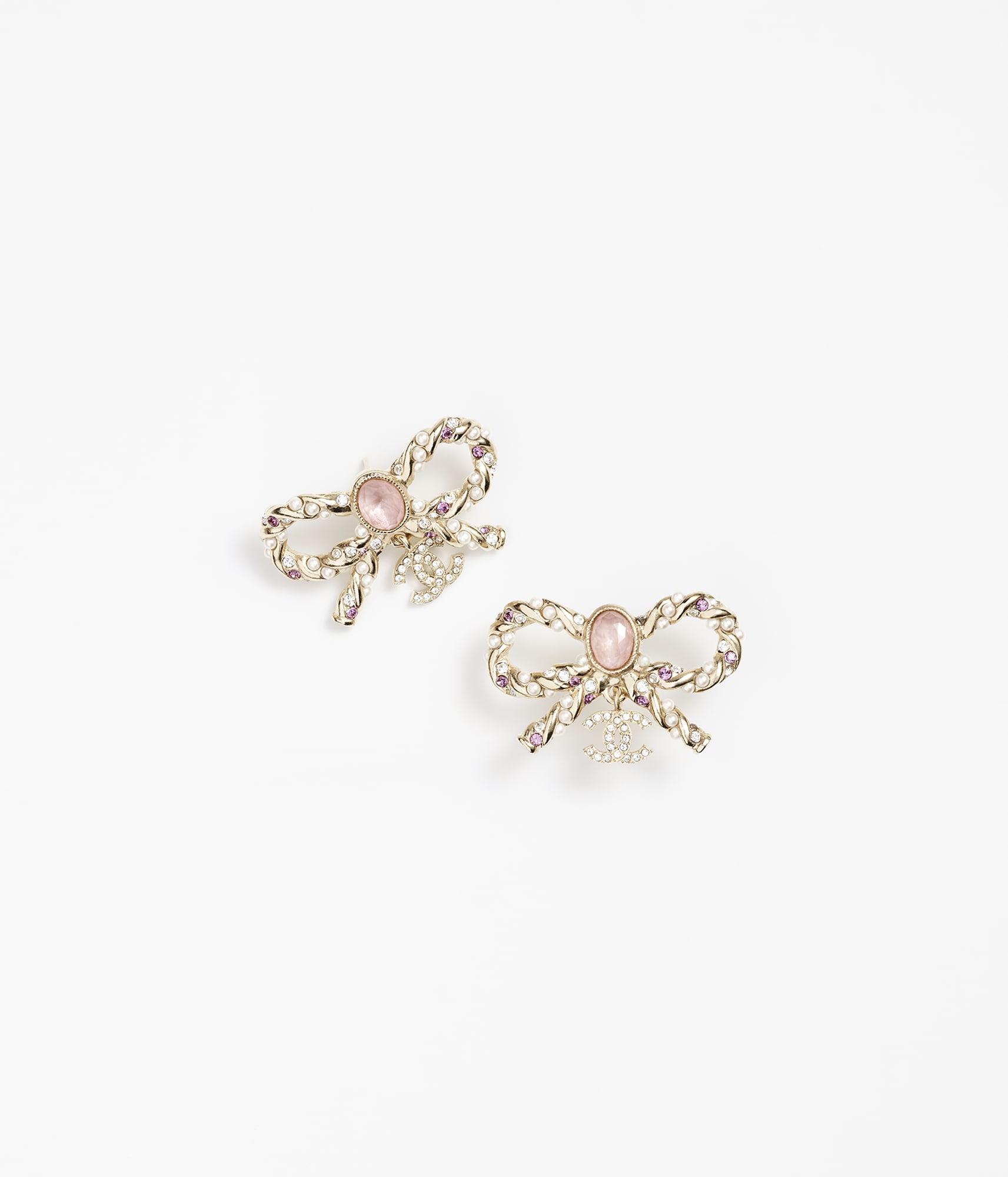 Stud earrings - Metal, glass pearls & diamantés, gold, pink, pearly white & crystal — Fashion | CHANEL