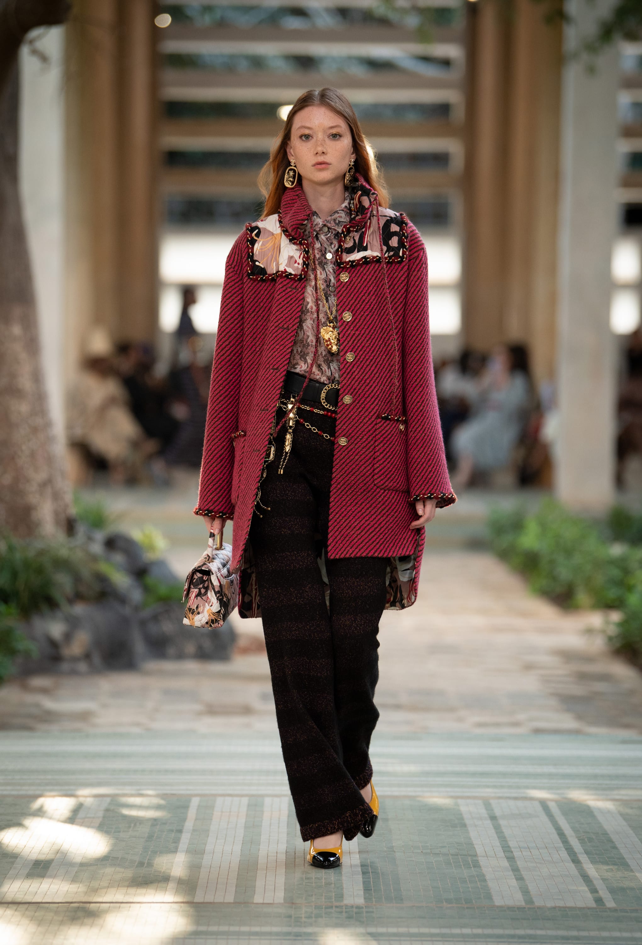 Coat - Wool tweed & printed silk, pink, brown & multicolor